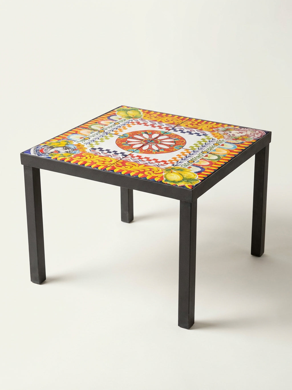 Square Coffee Table Lava Stone Top with Wrought Iron Base