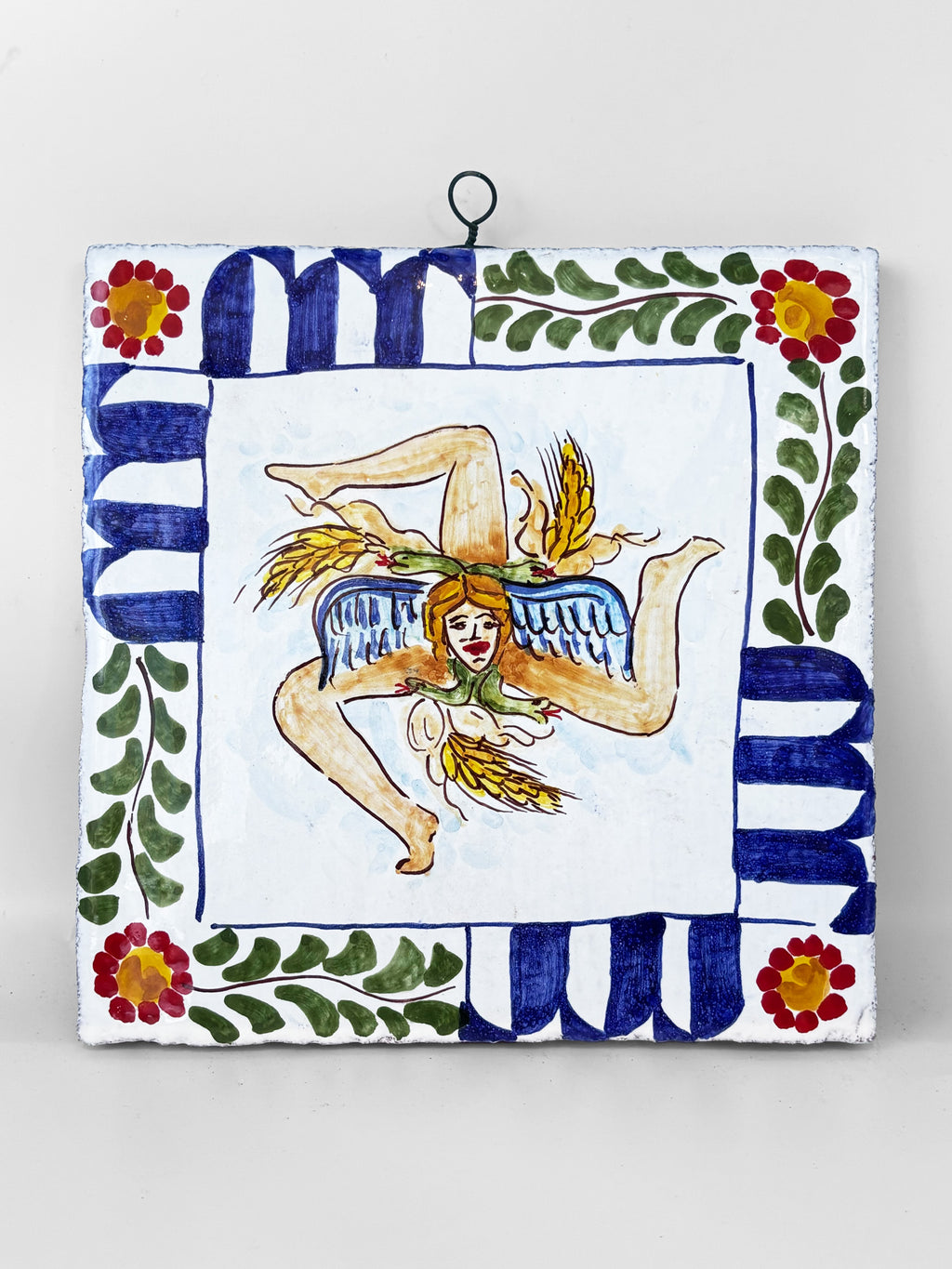 Hand-painted Sicilian decorative tile 20x20cm with hanging hook