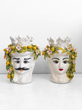 White Sicilian Moor Head vases with colourful lemons, set of 2