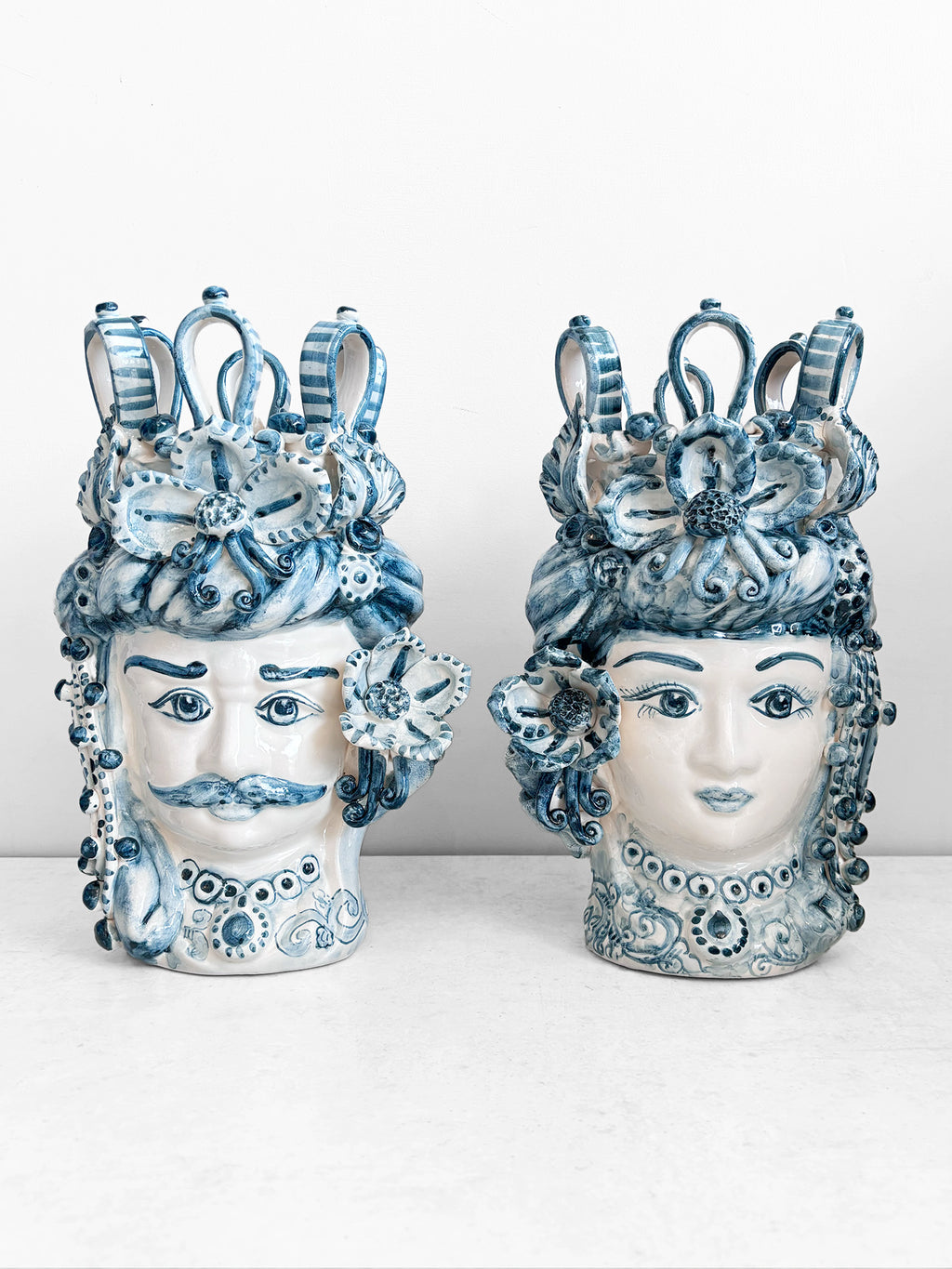 Blue faded Sicilian Moor Head vases set of 2, 40cm
