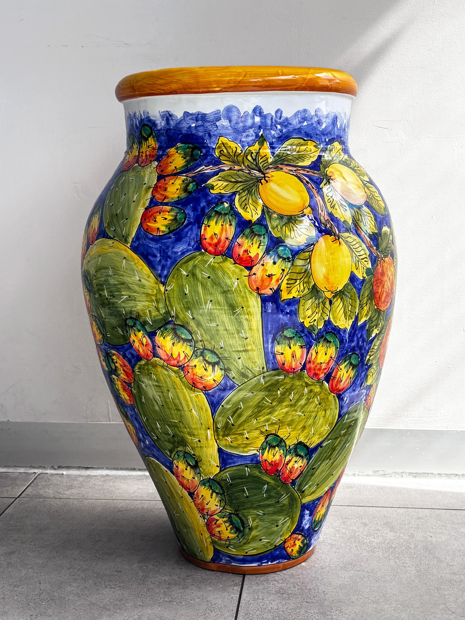 Hand-painted Sicilian vase H60cm with lemon and cactus design