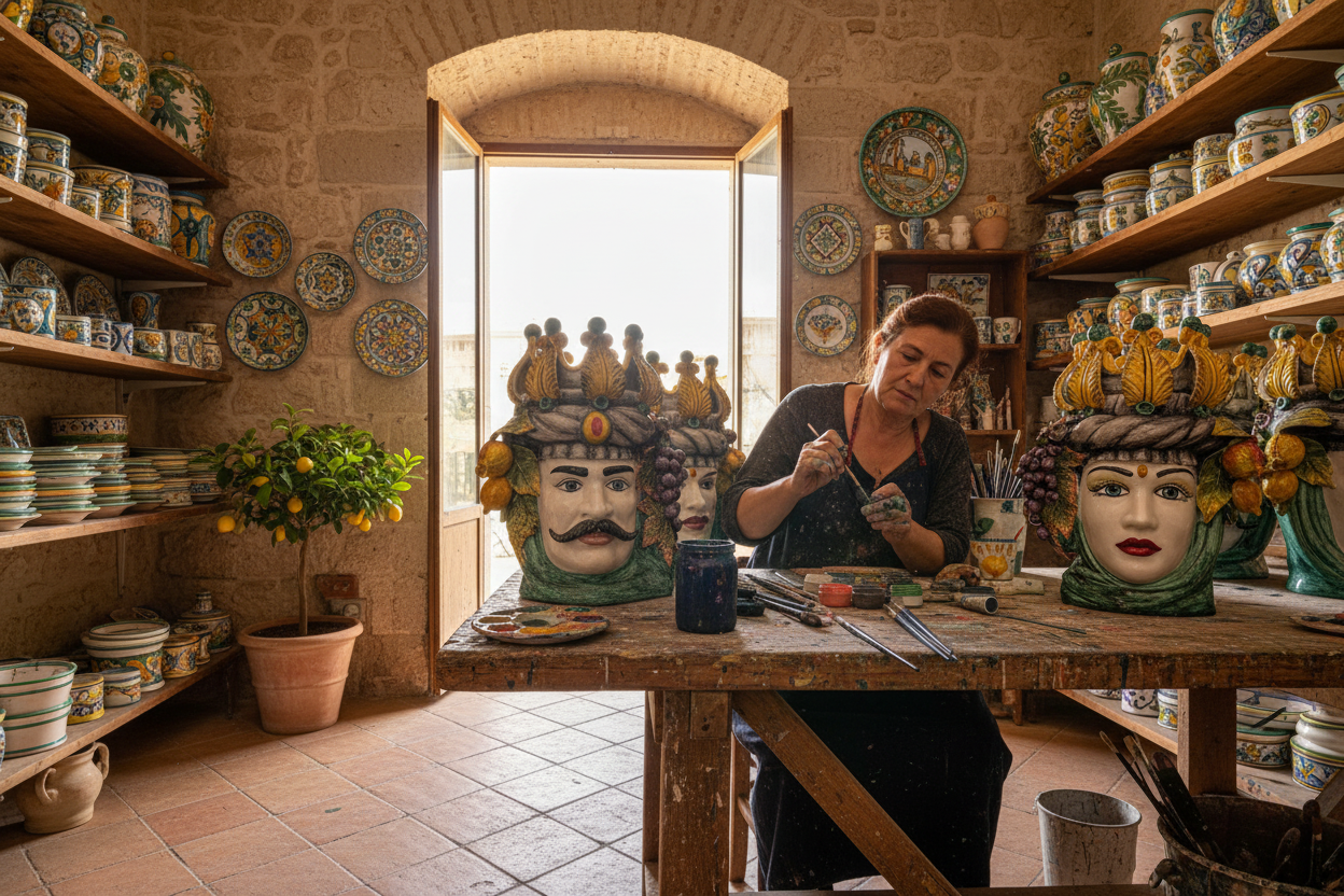 Sicilian Artisan Painting Moor Heads with Grapes